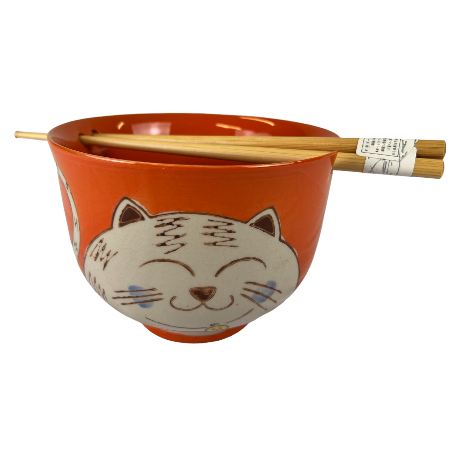 18oz Donburi Bowl With Chopsticks Set Chubby Cat Design - Orange