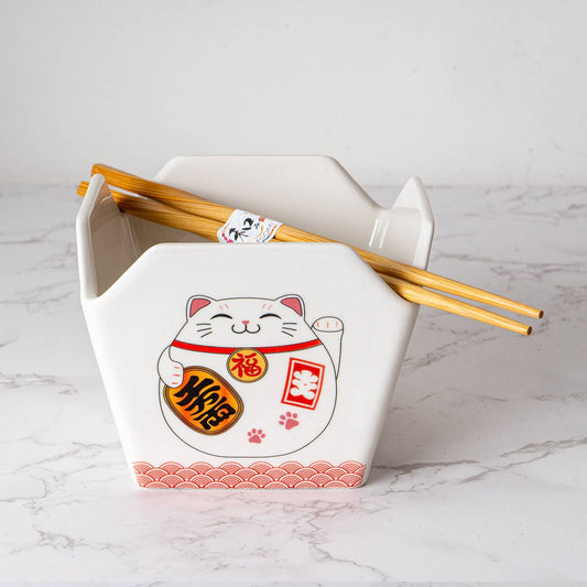 Takeout Box Serving Bowl With Chopsticks - Lucky Cat