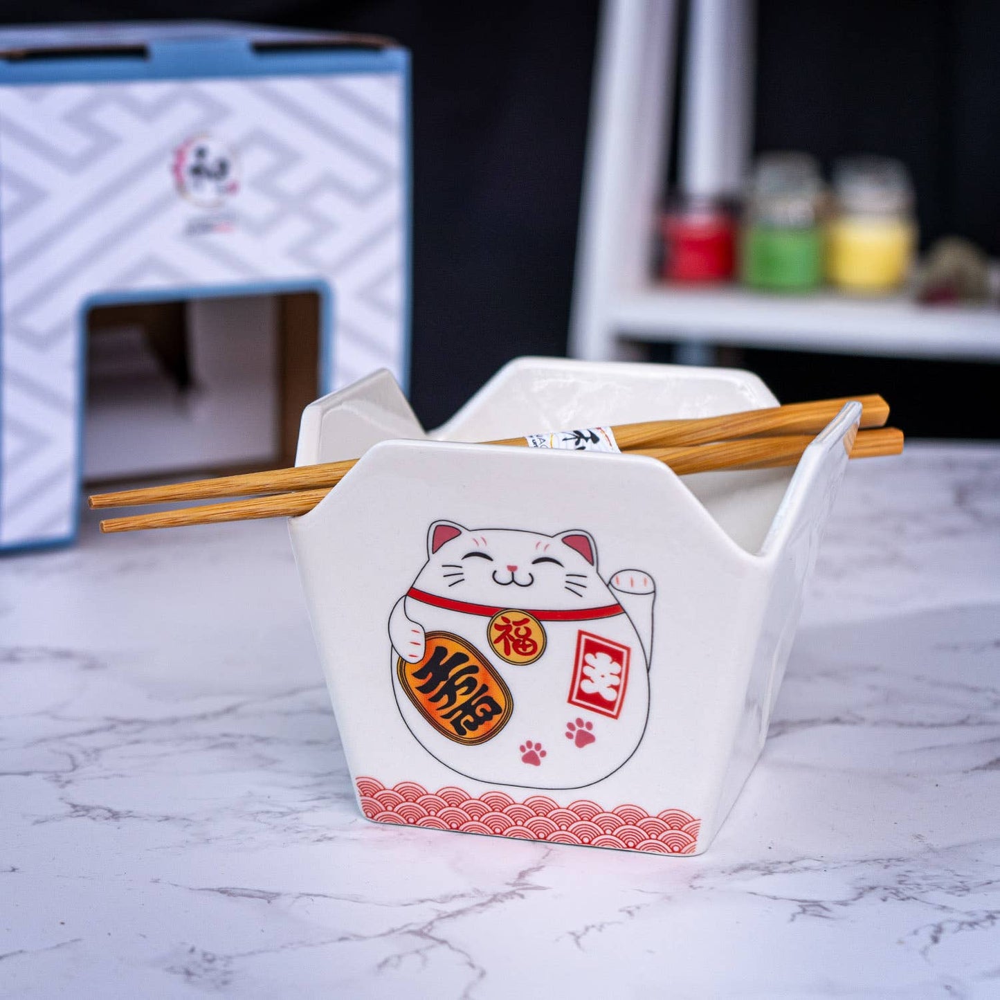 Takeout Box Serving Bowl With Chopsticks - Lucky Cat